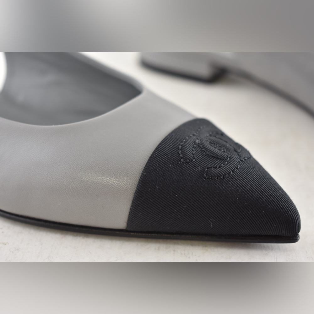 Chanel 24A Gray Leather Black CC Logo Coco Slingback Pointed Toe Ballet Flat 36c - Picture 6 of 16